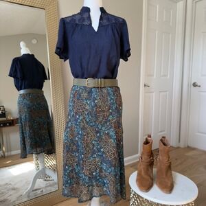 Cato Midi Skirt Blue Brown Paisley Print Elastic Waist Sheer Overlay Size S